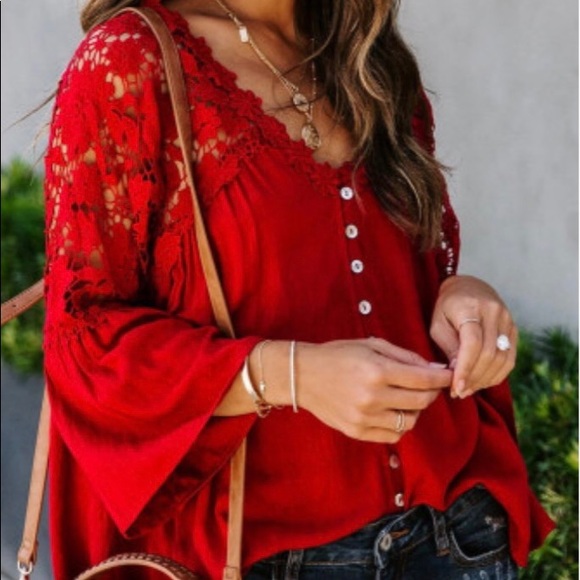 Tops - Red Crochet Lace Button Top